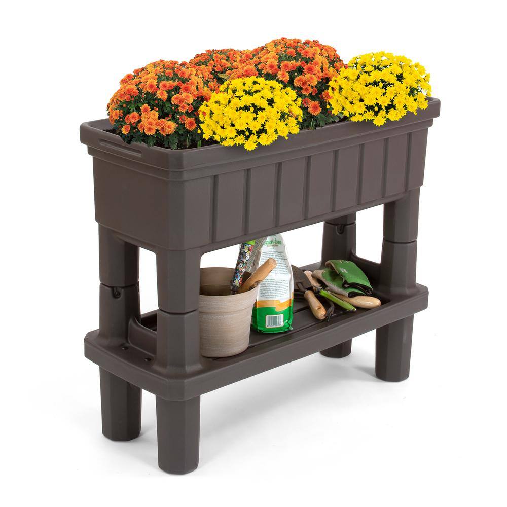 Espresso Raised Plastic Outdoor Patio Garden Planter with Storage