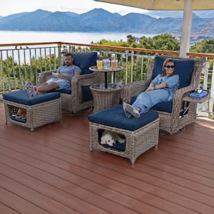 5 Piece Wicker Patio Conversation Set with Machine Washable Blue Cushion, Pet House, Cool Bar and Retractable Side Tray