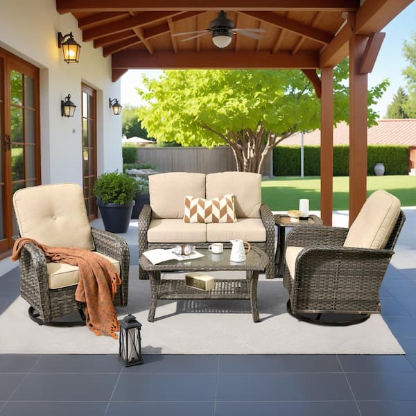 Toject Denali Gray 5-Piece 4-Seat Wicker Modern Outdoor Patio Conversation Sofa Swivel Chair Set with Beige Cushions
