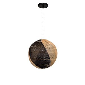 48-Watt 1 Light Black and Natural Color Ball Shape Height Adjustable Pendant Light with Rattan Shade, No Bulbs Included