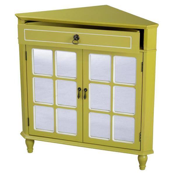 Homeroots Shelly 31 X 17 32 Yellow Mdf Wood Mirrored Glass Corner Cabinet With A Drawer And Doors 291916 The Home Depot Mdf Wood Mirrored Glass Corner Cabinet, Mirrored Corner Cabinet Living Room