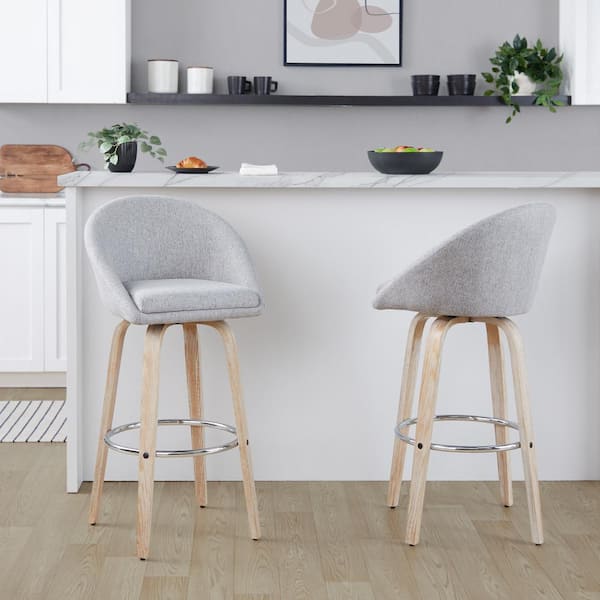 LumiSource Matisse Highback 29.75 in. Grey Fabric, White Washed Wood and Chrome Metal Fixed-Height Bar Stool (Set of 2)