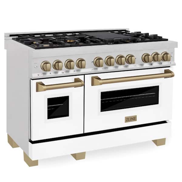 ZLINE Kitchen and Bath Autograph 48 in. Legacy Dual Fuel Range with 7 Burners and 2 Ovens in Satin Steel with White and Bronze Accents