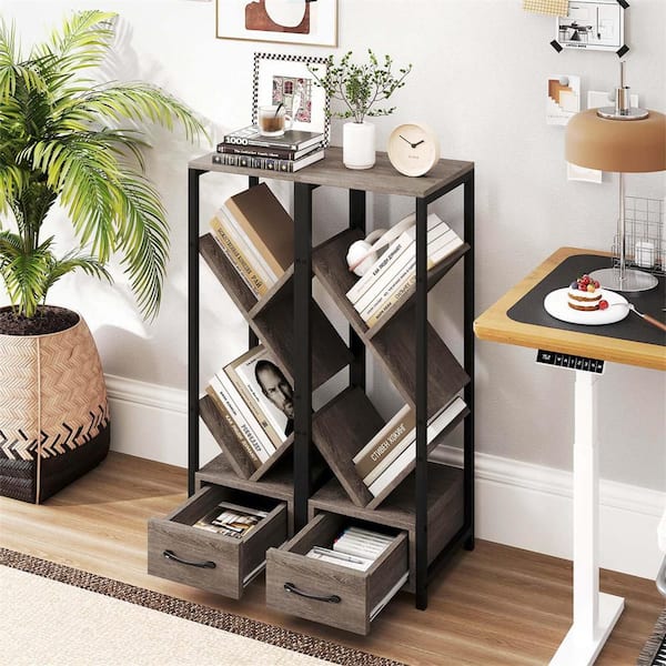 1-Piece 36 in. Tall 4-Tier Gray & Black Wood Floor Standing Bookcase with Drawer Anti-Tipping Kits & Metal Frame