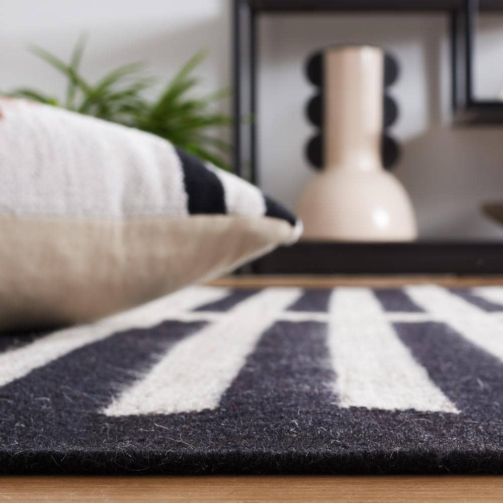 Black and Beige Striped Wool Flat Woven Area Rug