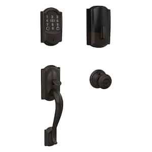 Camelot Aged Bronze Electronic Encode Plus Smart WiFi Deadbolt with Alarm and Handleset Grip with Georgian Door Knob