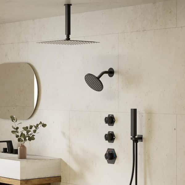 FlexiRain 5-Spray Dual Ceiling Mount 12 in. Fixed and Handheld Shower Head 2.5 GPM in Matte Black Valve Included