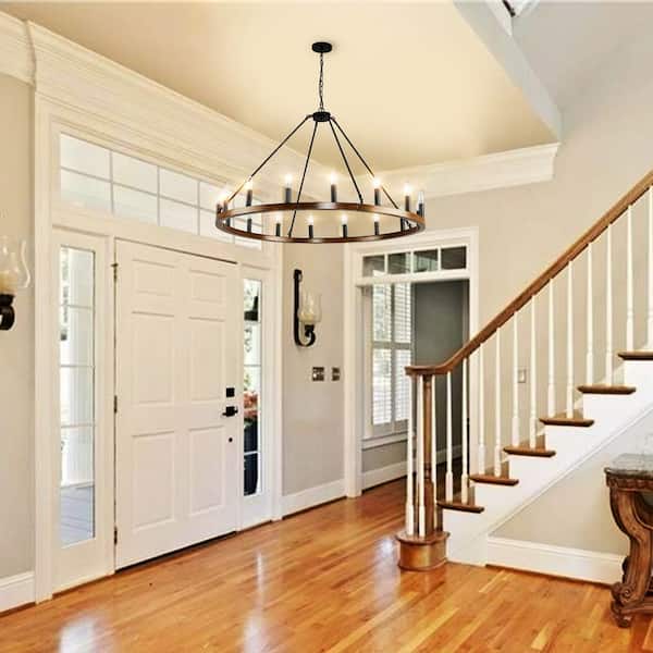 Lagre Wagon 16-Light Farmhouse Round Wheel Chandelier Dining Room Pendant Light,Brown and Black