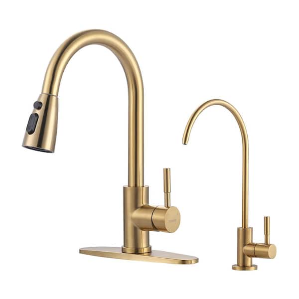 WOWOW Single Handle Pull Down Sprayer Kitchen Faucet with Water Filter Faucet in Gold