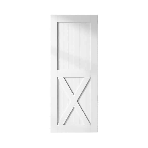HOMACER 34 in. x 84 in. X-Frame White Solid Natural Pine Wood Panel Interior Sliding Barn Door Slab with Frame