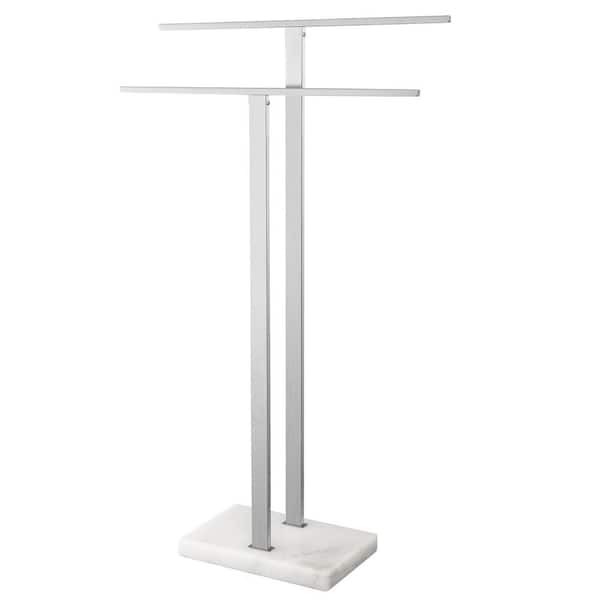 2-Piece Standing Towel Rack with Heavy Marble Base in Brushed Stainless Steel Finish for Bathroom Stability Silver