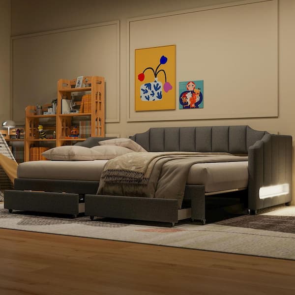 Gray Extendable Twin XL Size Upholstered Daybed with 2 Storage Drawers and LED Light