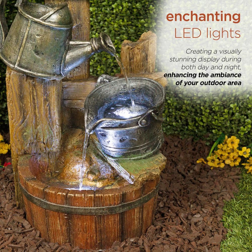 Rustic Polystone Watering Can Birdhouse Fountain with LED Lights