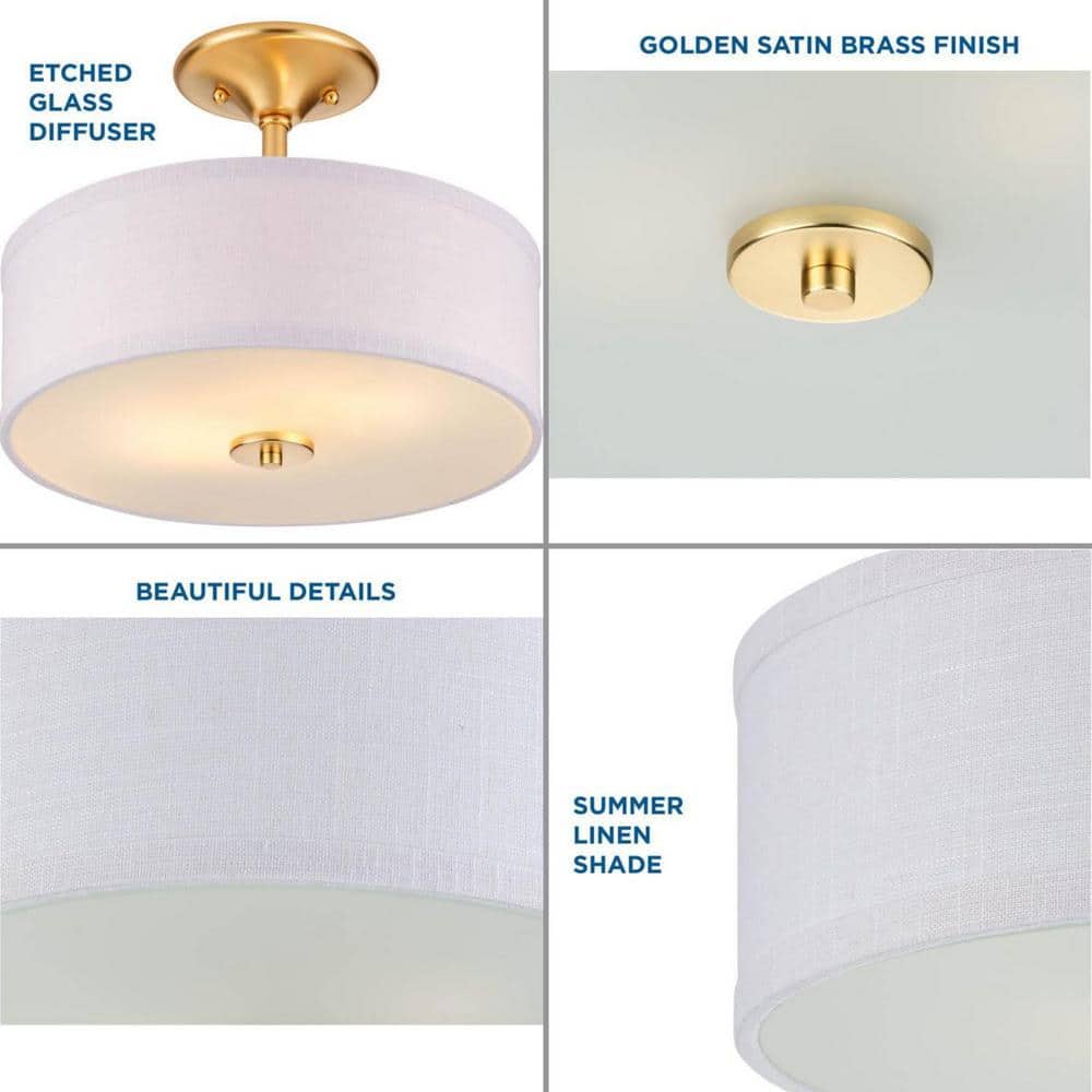 Satin Brass Semi-Flush Mount with Linen Shade
