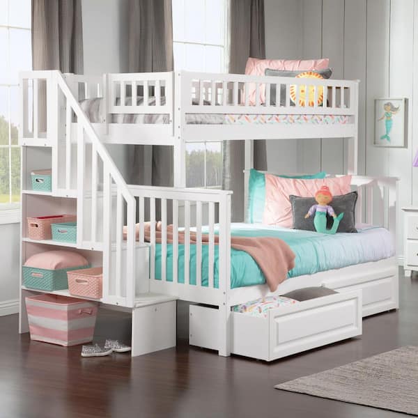 Woodland Staircase Bunk Bed Twin over Full with 2 Raised Panel Bed Drawers in White
