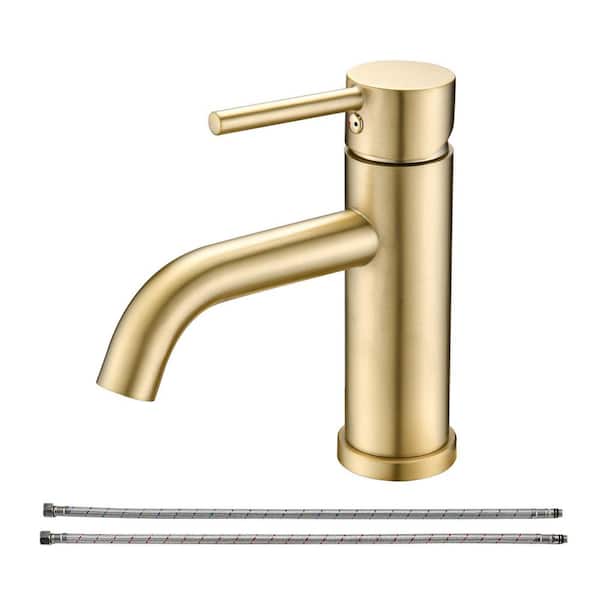 6.57 in. H Single Handle Single Hole Stainless Steel Bathroom Faucet with Supply Lines in Brushed Gold