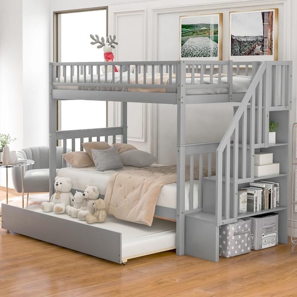 Harper & Bright Designs Gray Twin Over Twin Bunk Bed with Trundle and Storage Shelves