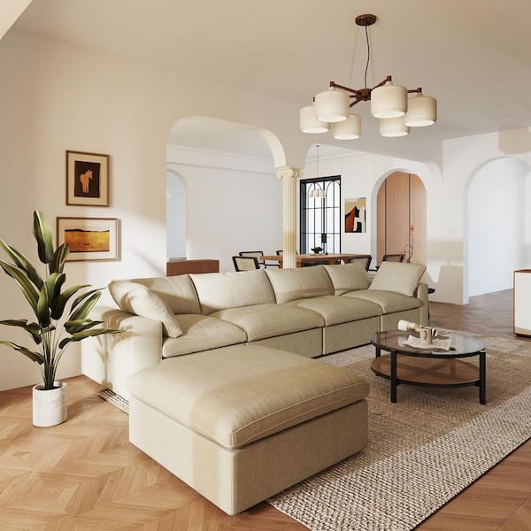 Large 157 in. Square Arm 4 Seater Linen L Shape Modular Tuxedo Sofa with Storage Ottoman, Detachable Covers in Khaki