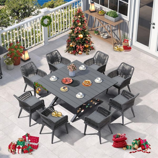 9-Piece Aluminum All-Weather PE Rattan Square Outdoor Dining Set with Cushion, Grey