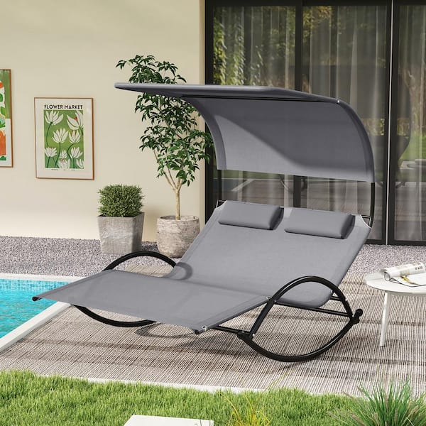 Gymax Metal Outdoor Double Chaise Lounge Daybed Sun Lounger