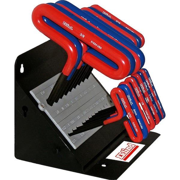 6 in. Inch/MM Cushion Grip Hex Allen Wrench T-Handle Key Combo with Stand (2-Sets, 18-Piece)