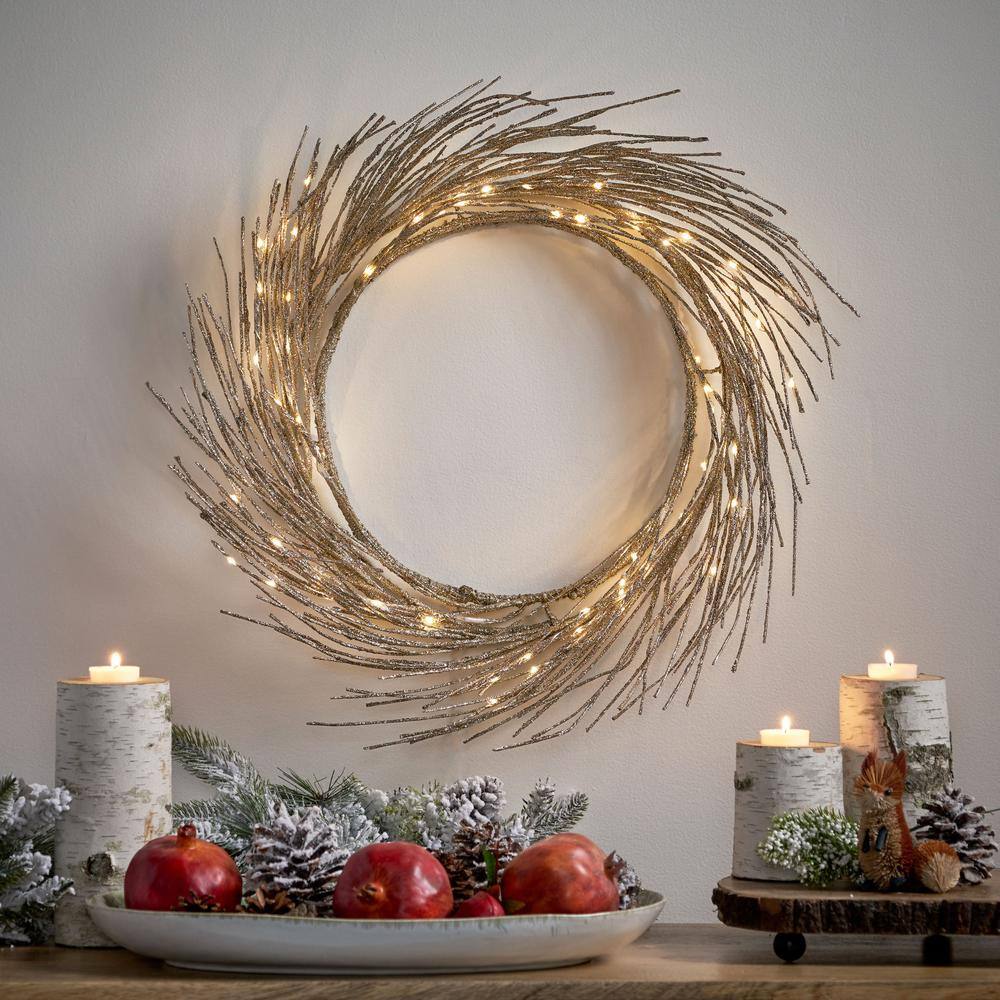 24" Champagne Glitter Pre-Lit LED Artificial Christmas Wreath