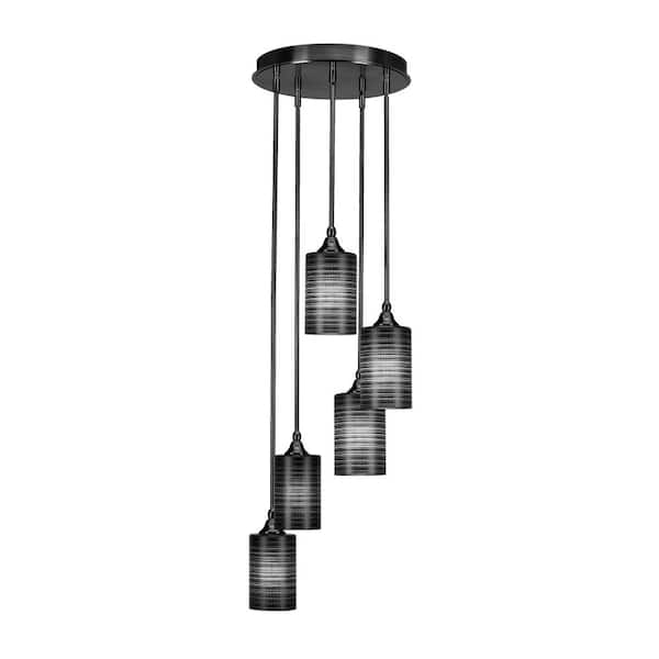 Unbranded Villa 5 Light Matte Black Pendant, Cluster Pendant Light with 4 in. Black Matrix Glass Shades, No Bulbs Included