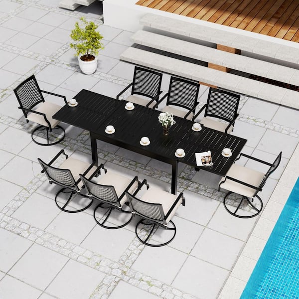 9-Piece Metal Outdoor Dining Set with Aluminum Extendable Dining Table and Beige Cushion