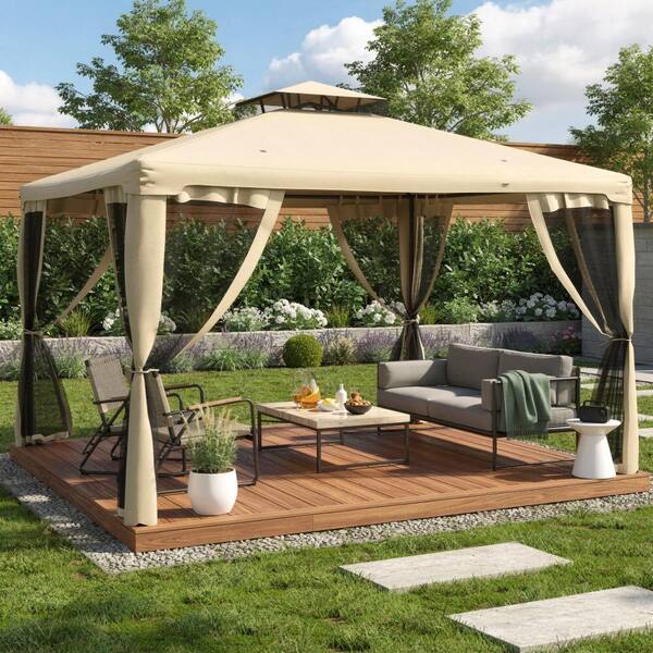 9.6 ft. x 11.6 ft. Patio Gazebo, Outdoor Canopy Shelter with 2-Tier Roof and Netting, Steel Frame for Garden, Taupe