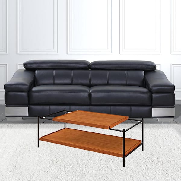 HomeRoots 48 in. Grey, Black Rectangle Wood Coffee Table with Shelves, Storage