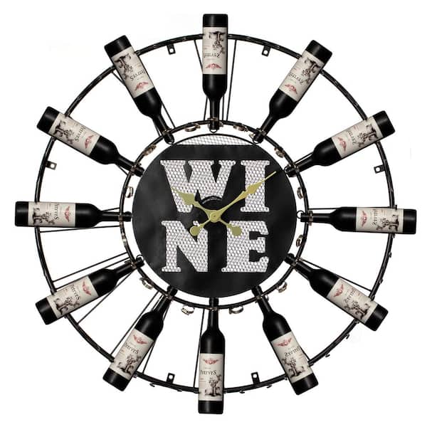 Large Clock Wall-Mount Metal Wine Shelf - 24-Bottle Rack with Mesh Cork Basket and LED Light