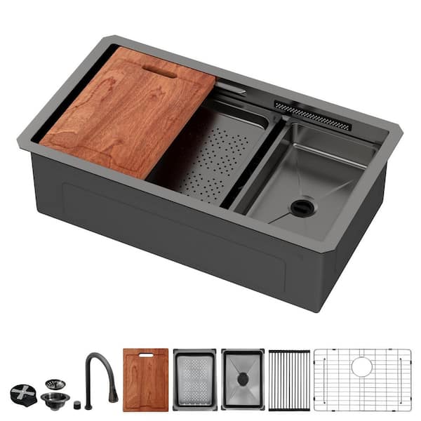 33 in. x 19 in. Gunmetal Black Undermount Single Bowl 16G Stainless Steel Workstation Kitchen Sink with Pull Down Faucet
