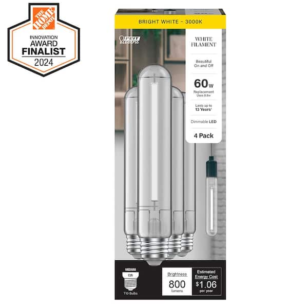 60W Equivalent T10L Dimmable Straight White Filament Clear E26 Vintage Edison LED Light Bulb Bright White 3000K (4-Pack)