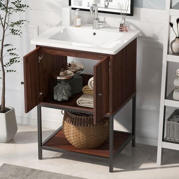 24 in. W x 18 in. D x 34 in. H Single Sink Bath Vanity in Brown with White Ceramic Top