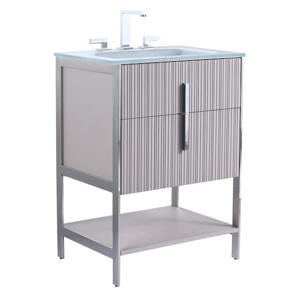 FINE FIXTURES 24 in. W x 18 in. D x 33.5 in. H Bath Vanity in Bright Taupe with Glass Single sink Top in White with Chrome Hardware