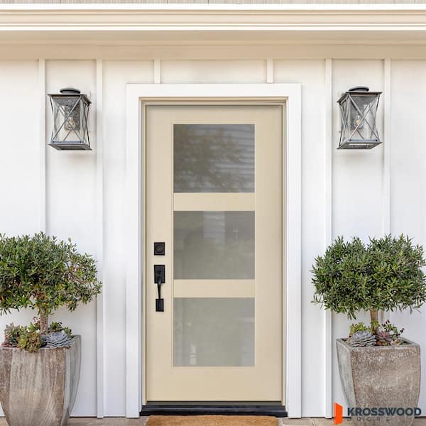 DIY RTA Kit Modern 36 in. x 80 in. 3-Lite RH Inswing Frosted Glass Unfinished Fiberglass Ready To Assemble Front Door