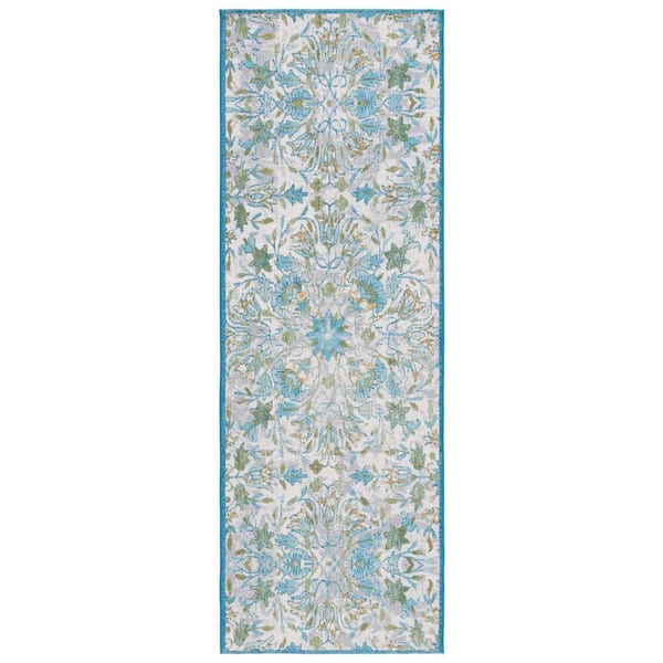 Barbados Ivory/Light Blue 3 ft. x 8 ft. Floral Medallion Indoor/Outdoor Runner Rug