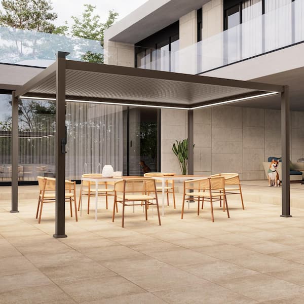 10 ft. x 13 ft. Modern Pergola with Adjustable Louvers LED Lights and Solar Charging for Pool Deck and Garden Brown
