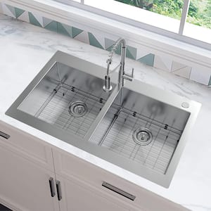 Professional Zero Radius 36 in. Drop-In 50/50 Double Bowl 16 Gauge Stainless Steel Kitchen Sink with Accessories