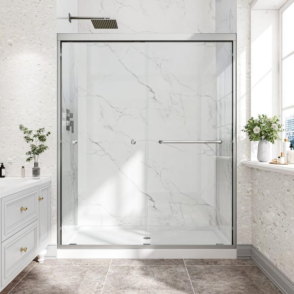Jack 60 in. W x 72 in. H Double Bypass Sliding Door in Brushed Nickel with Tempered Glass, Nano Explosion-Proof Film
