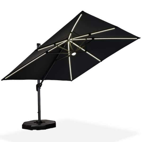 PURPLE LEAF 10 ft. Square Aluminum Cantilever Solar Powered LED Offset 360° Rotation Umbrella with Base in Ground, Gray