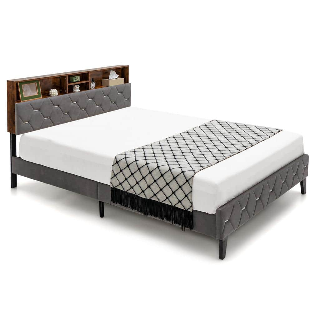 Rustic Brown and Grey Bed Frame Metal Upholstered Queen Platform Bed Mattress Foundation with Storage Headboard -  Costway, HU10345GR-Q