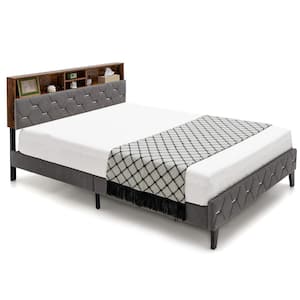 Rustic Brown and Grey Bed Frame Metal Upholstered Queen Platform Bed Mattress Foundation with Storage Headboard
