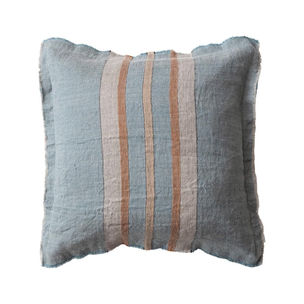 20" Blue and Beige Linen Striped Pillow with Fringe