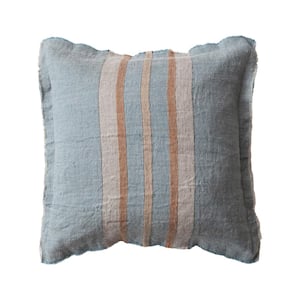 Blue, Tan & Beige Polyester 20 in. x 20 in. Striped Linen Throw Pillow with Fringe