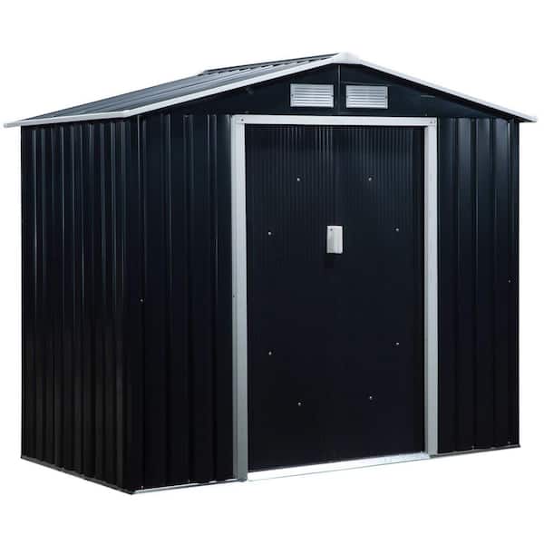 Outsunny 4 ft. x 7 ft. x 6 ft. Grey Metal Outdoor Backyard Shed with 4 Vents and 2 Sliding Doors