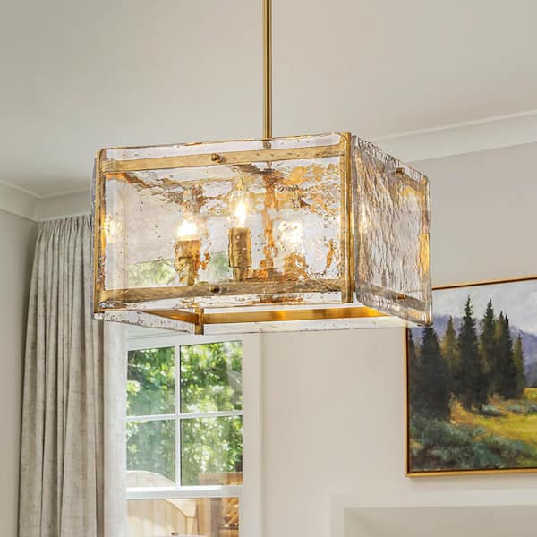 EDISLIVE Chloe 4-Light Brass Lantern Square Chandelier with Bubble Water Ripple Glass