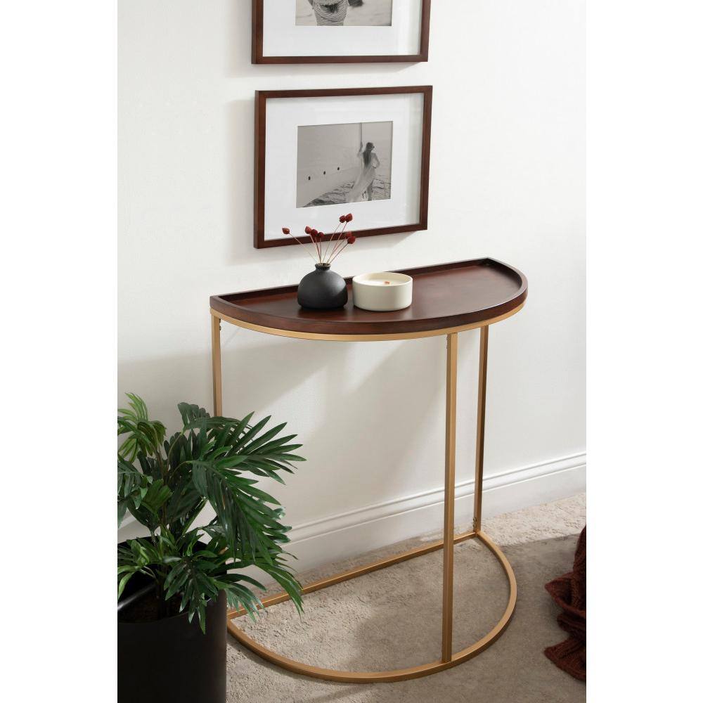 Walnut Brown and Gold Half-Circle Console Table with Storage