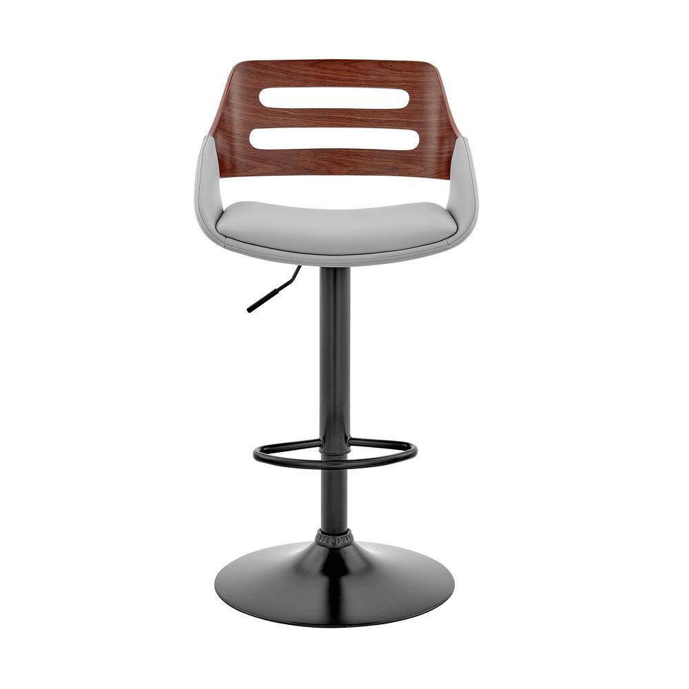 Adjustable Gray Leather and Walnut Wood Swivel Bar Stool