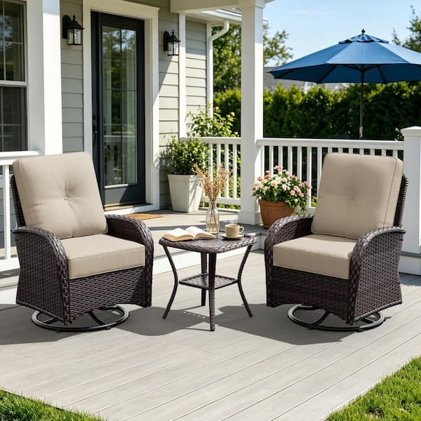 3-Pcs Dark Brown Wicker Outdoor Rocking Chair Patio Conversation Set Swivel Chairs with Beige Cushions and Table